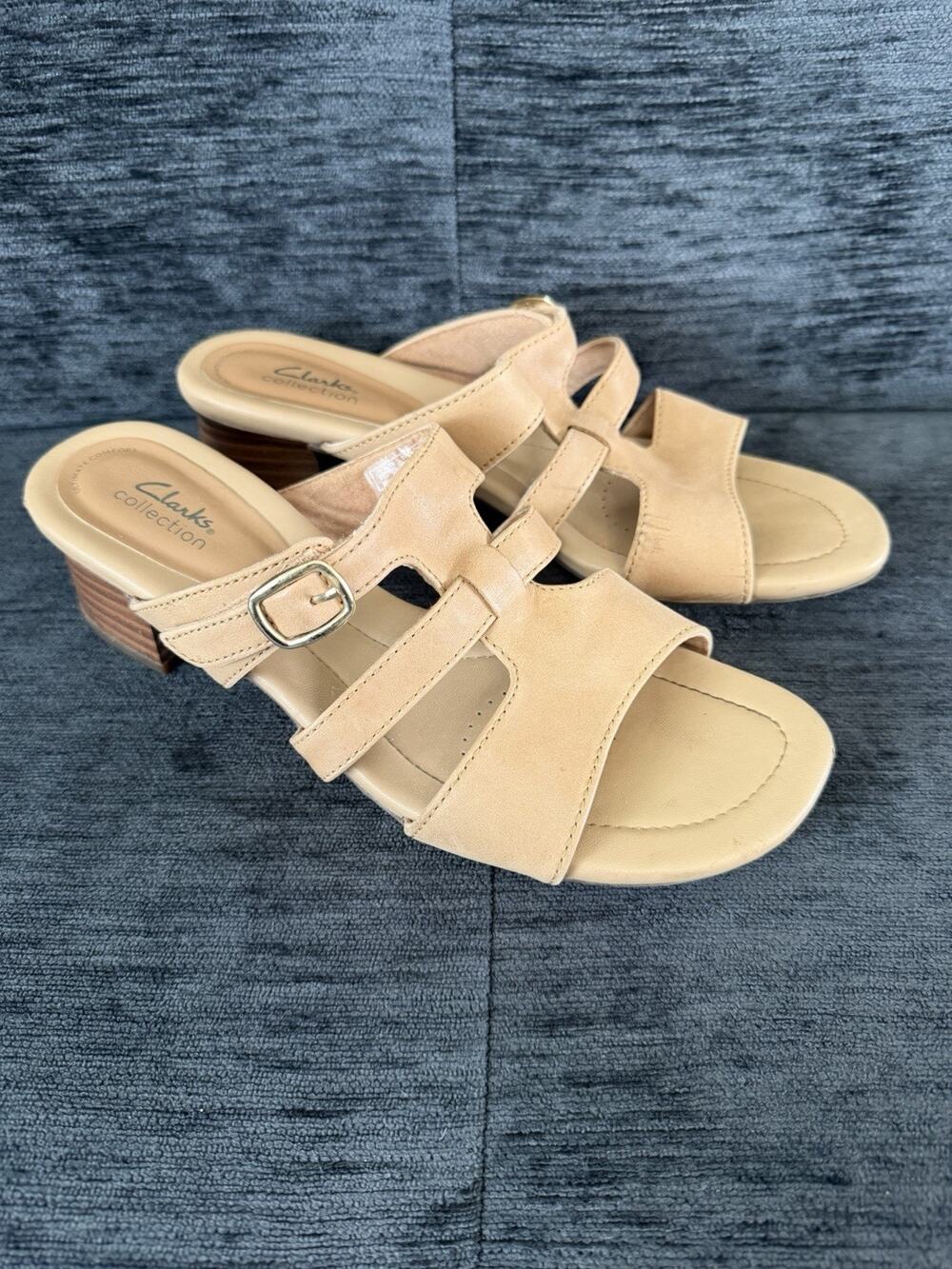 Clarks Collection Heeled Slide Sandals Desirae Palm Tan - Womens Size 8.5 EUC